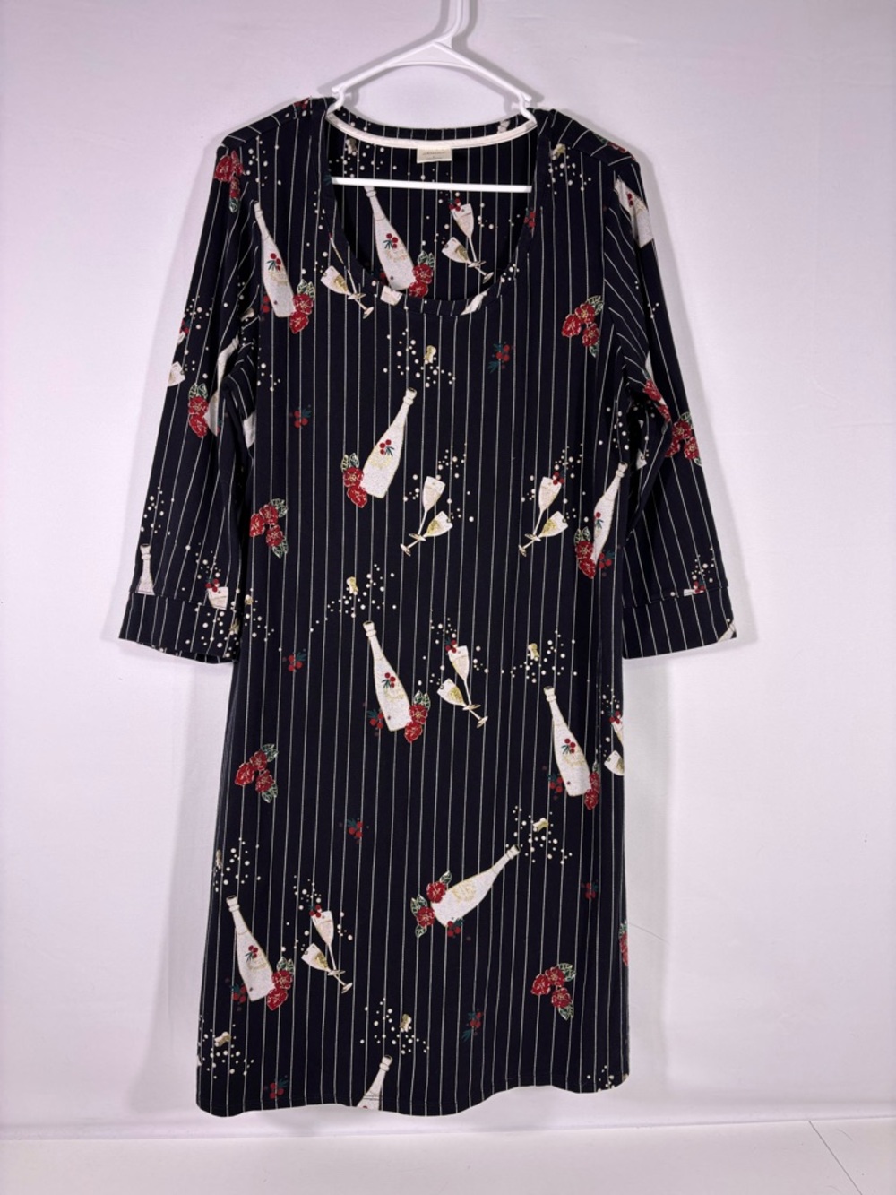 Soma Black Pinstripe Midi Sleepshirt with Champagne and Strawberries Size Large